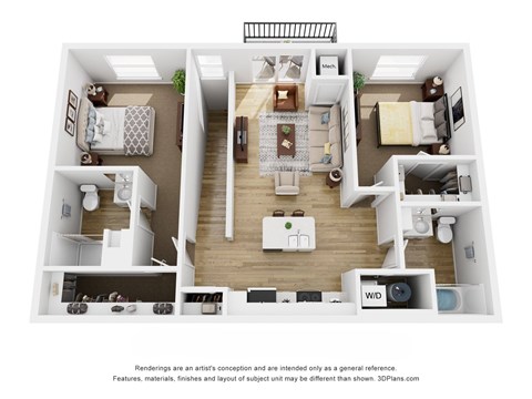 Floor plan for 2 beds, 2 baths, 1124 sqft